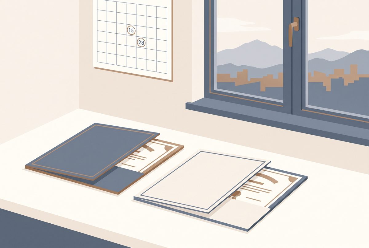 Editorial illustration of two city license folders on a desk, each labeled with a different company, beside a wall calendar with two renewal dates circled.