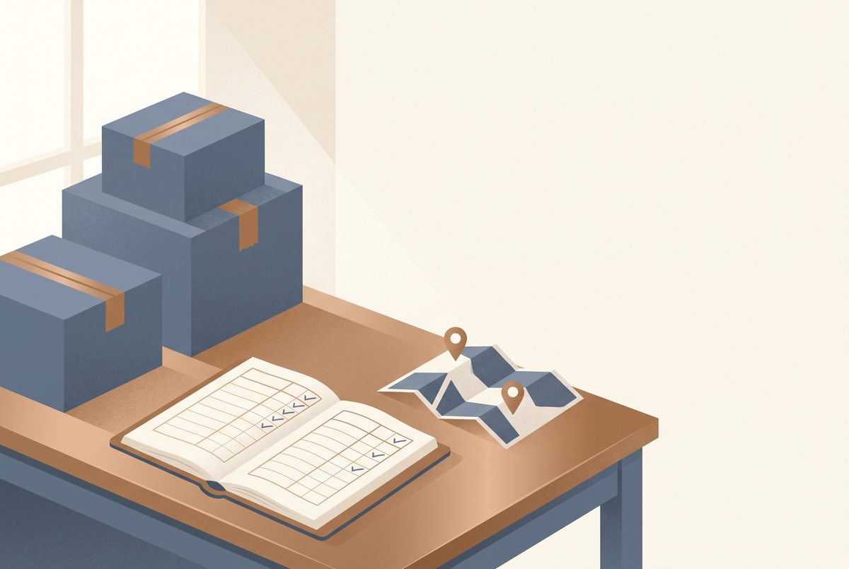 Editorial illustration of a shop's moving boxes beside a sales ledger split into two columns, one per store location, with a pin on a small map.