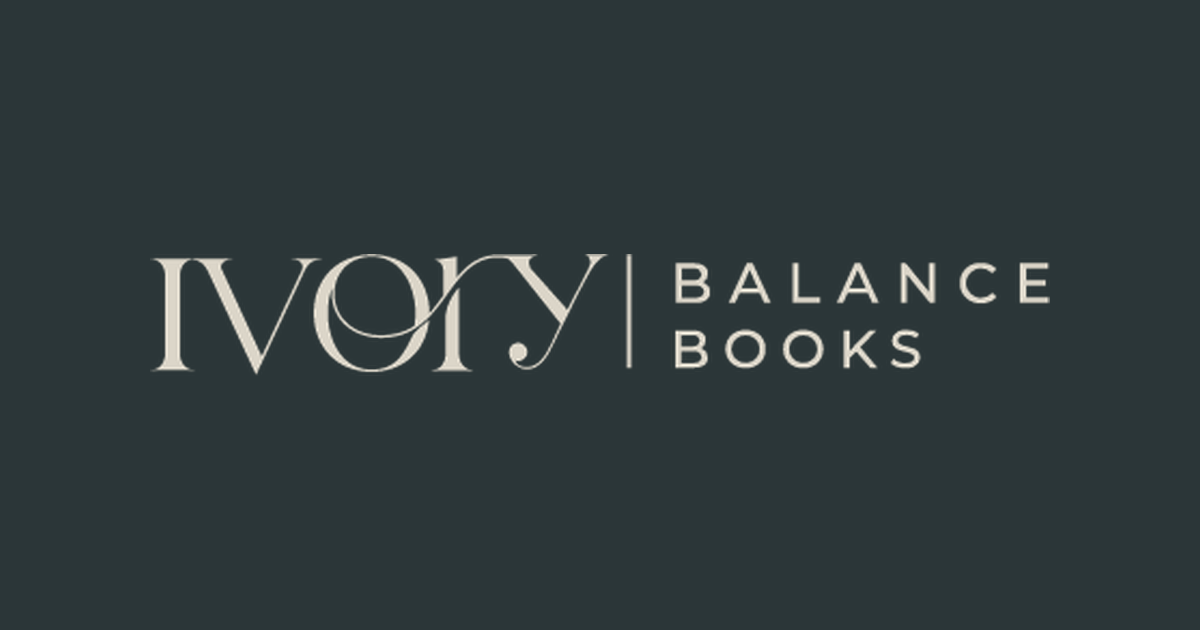 Ivory Balance Books logo in cream lettering on a dark green card.